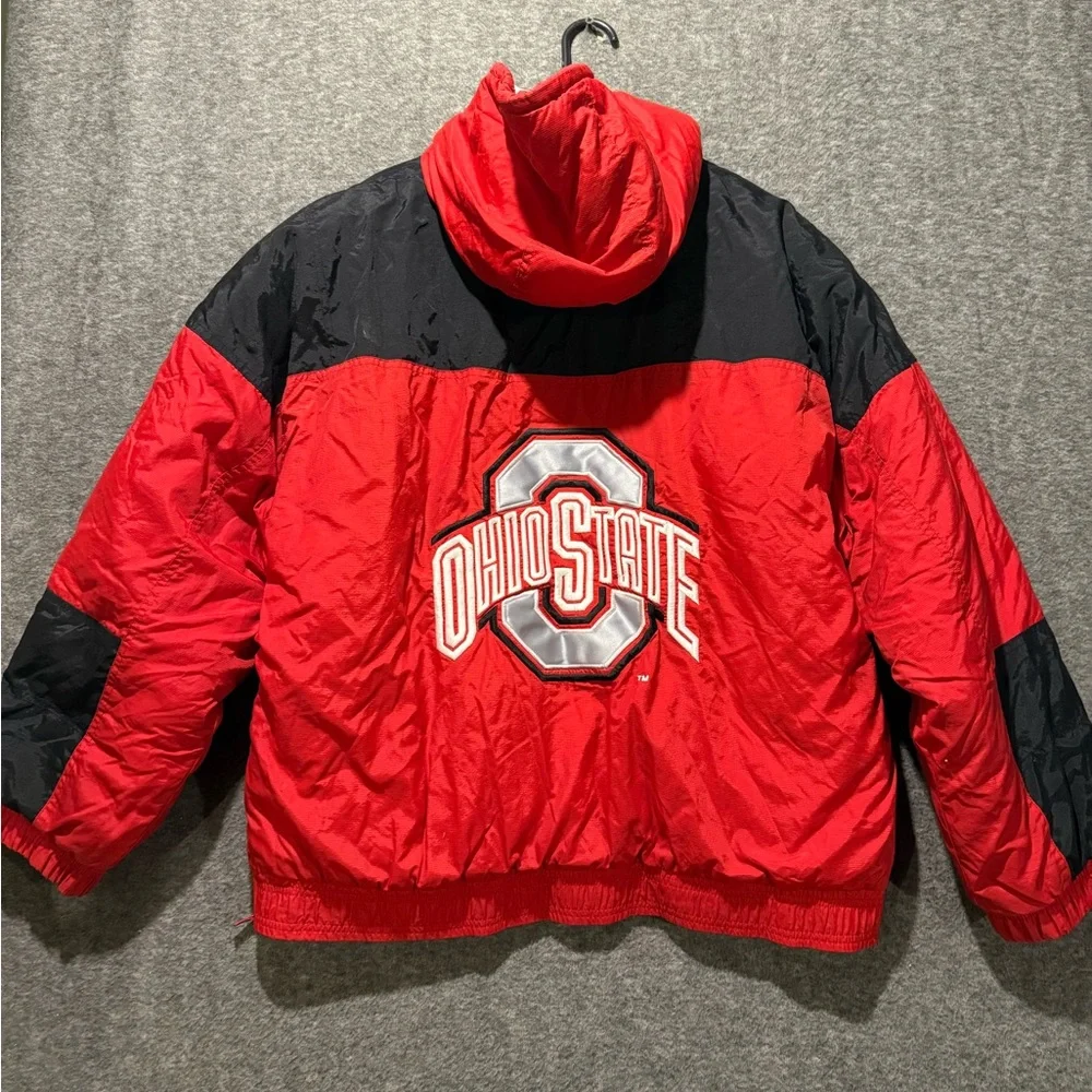 Ohio State Vtg Starter Jacket Coat Mens L red windbreaker lined hooded 1/2 zip